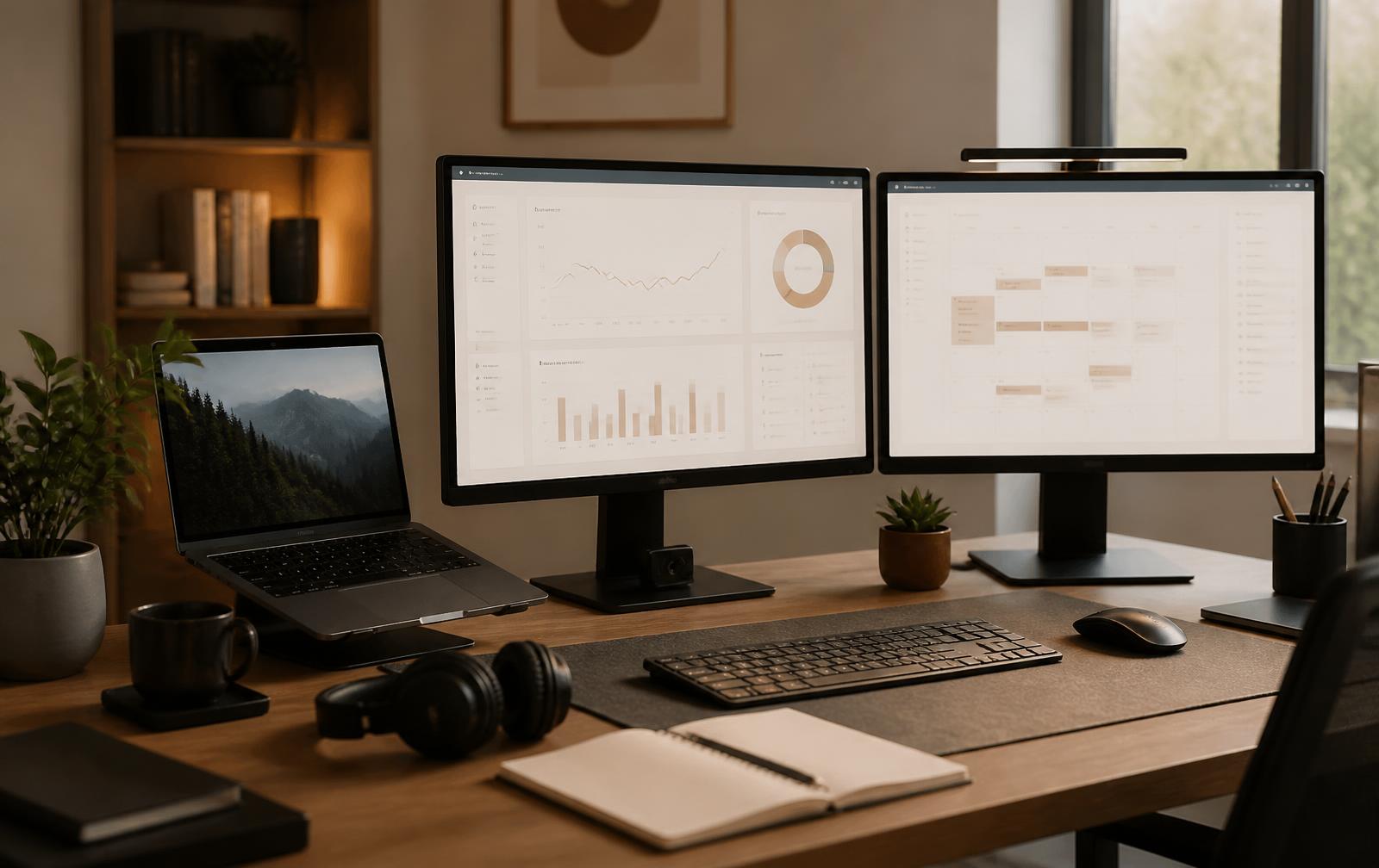 Dedicated remote workspace with dual monitors, laptop and headset
